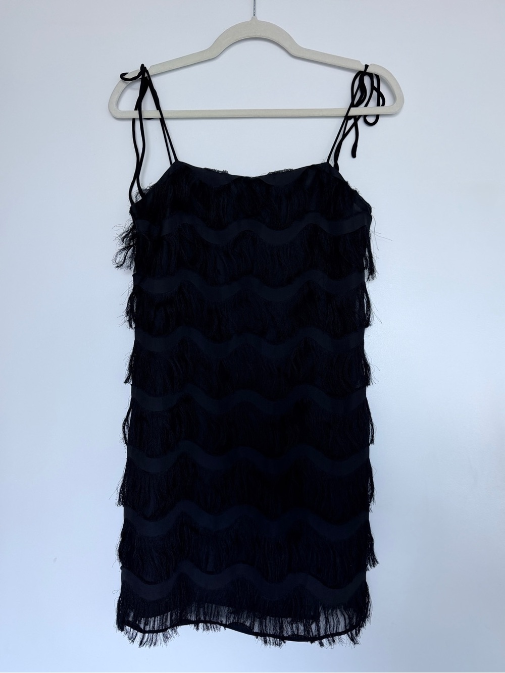 Zara Black Fringe Tie-Strap Mini Dress